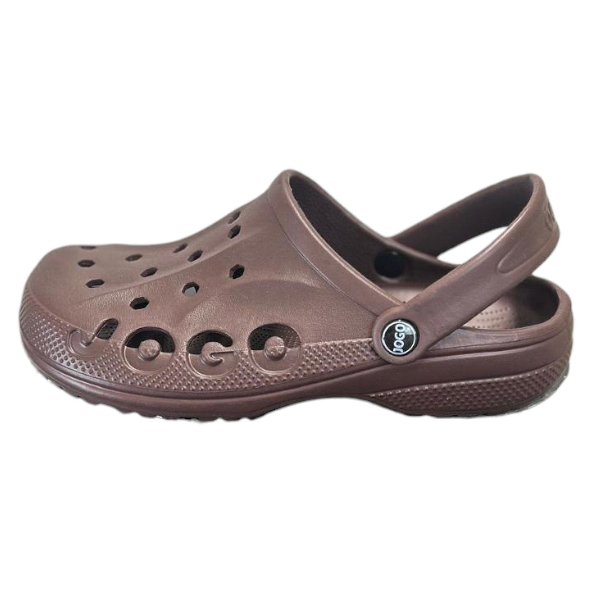 Mens dark brown Jogo clogs with breathable ventilation holes and adjustable heel strap – lightweight unisex slip-on garden shoes